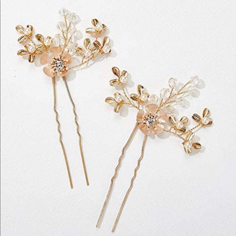 Set of 2 Bridal Hair Pins Rhinestone Wedding Hair Accessories Rose Gold - New